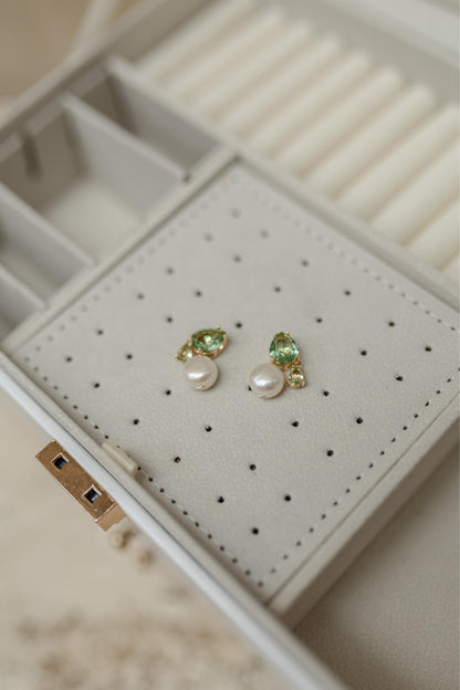 Brinco Quartzo e Pérola Botão Dourado