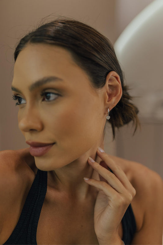 Brinco Argola Prata 925 Coração Cravejado Moissanite Ródio Branco