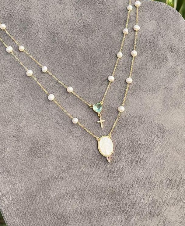 Colar Duplo Nossa Senhora das Graças Pérola Dourado
