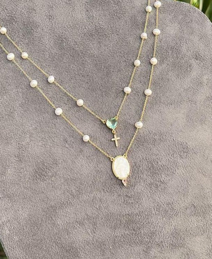 Colar Duplo Nossa Senhora das Graças Pérola Dourado