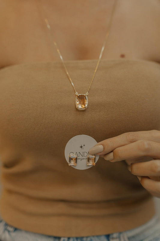 Brinco Solitário Retangular Morganita Dourado