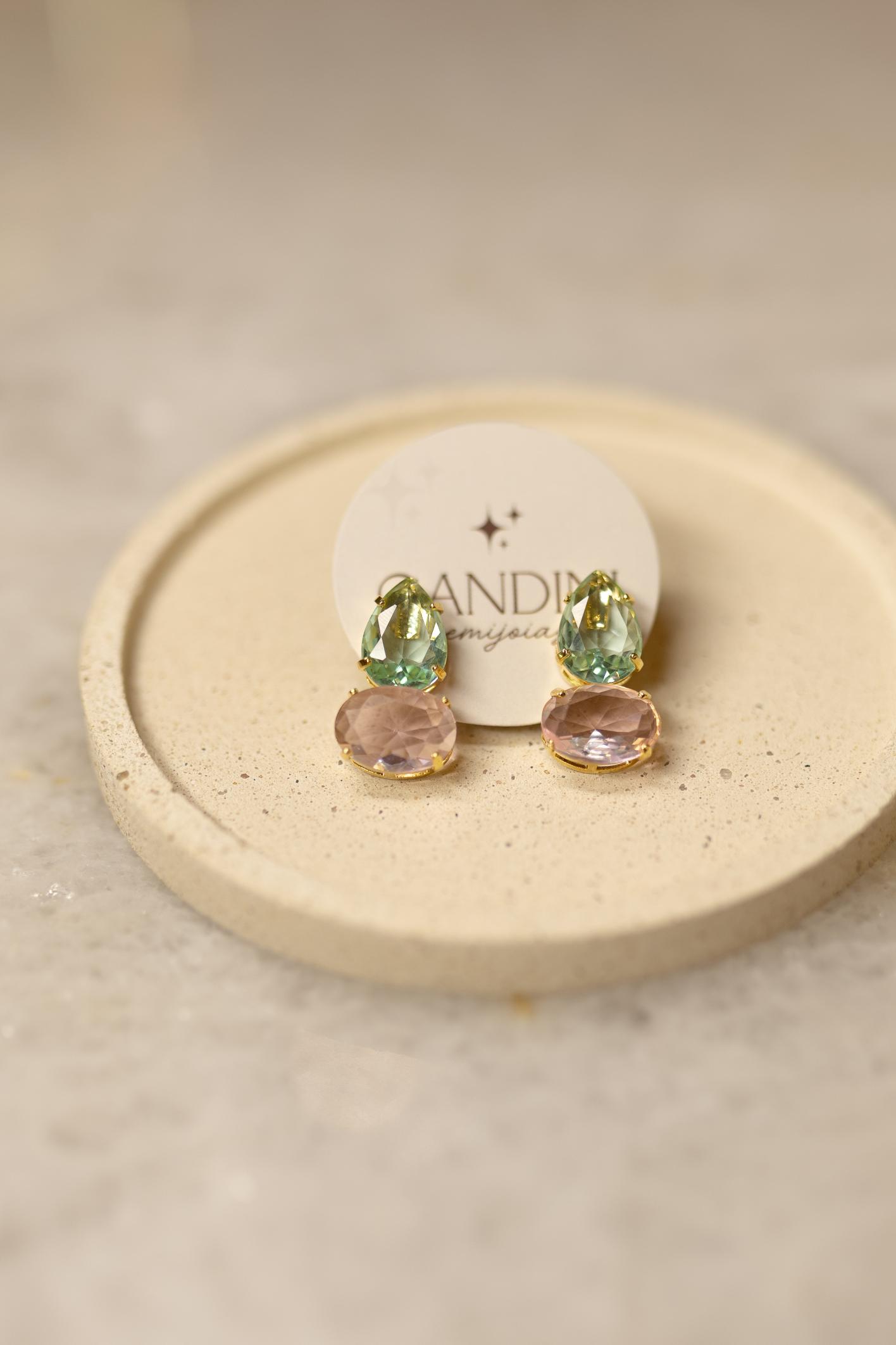 Brinco Gota Verde e Oval Rosa Dourado