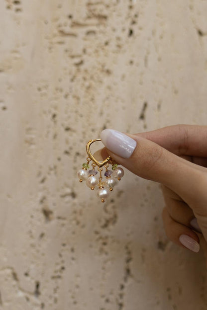 Brinco Argola Pedras Naturais e Pérolas Dourado