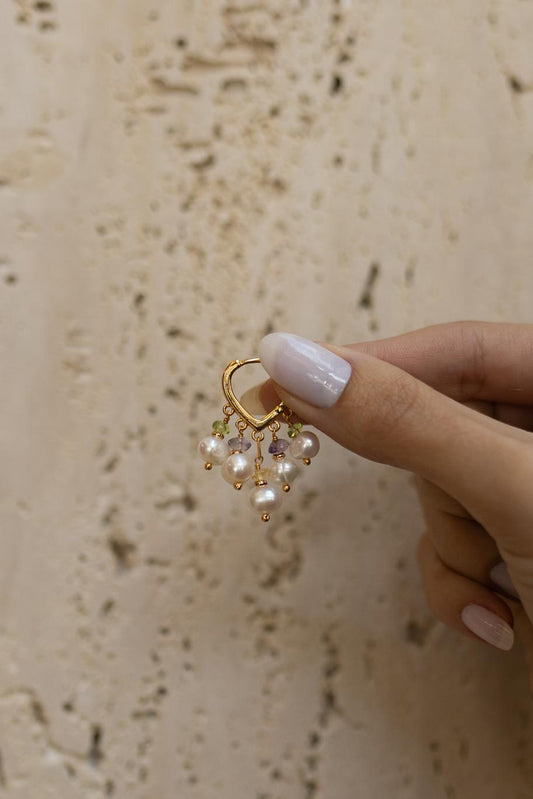Brinco Argola Pedras Naturais e Pérolas Dourado
