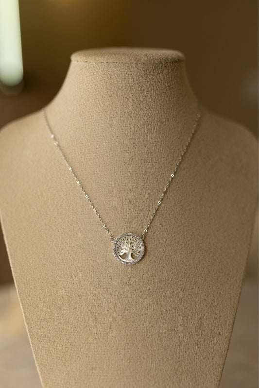 Colar Árvore da Vida em Madrepérola com Moissanites em Prata 925 Ródio Branco