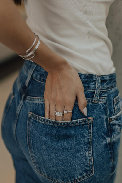 Anel Solitário Quadrado Cravejado Prata 925 Ródio Branco