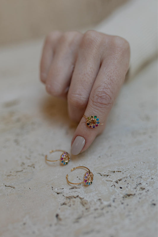 Anel Ajustável Flor Rainbow Dourado
