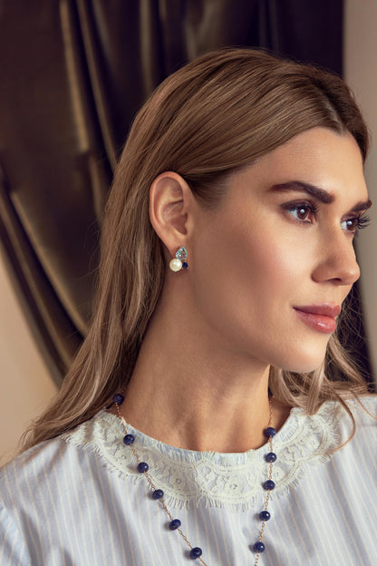 Brinco Quartzo e Pérola Botão Dourado