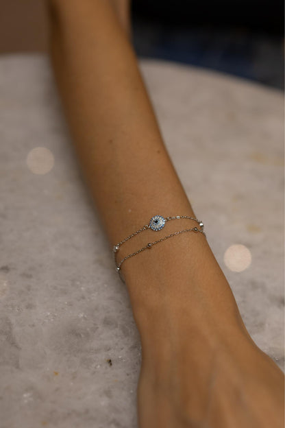 Pulseira Dupla Olho Grego Moissanite Prata 925 Ródio Branco
