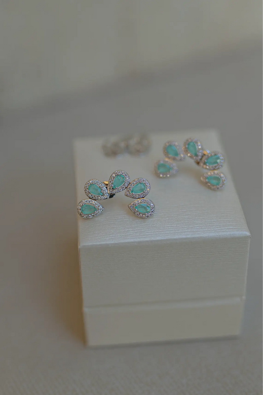 Brinco Ear Cuff Esmeralda Colombiana Gotas Ródio Branco