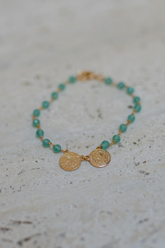 Pulseira Escapulário São Bento Jade Esmeralda Dourada
