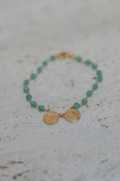 Pulseira Escapulário São Bento Jade Esmeralda Dourada