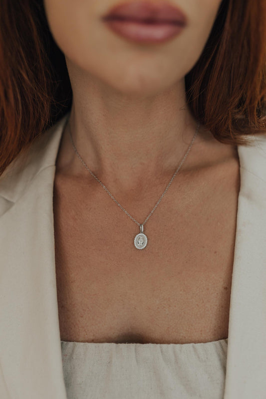 Colar Oval Medalha Nossa Senhora das Graças Prata 925 Ródio Branco