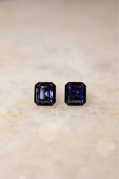 Brinco Ametista Retangular Esmaltado Preto Ródio Negro