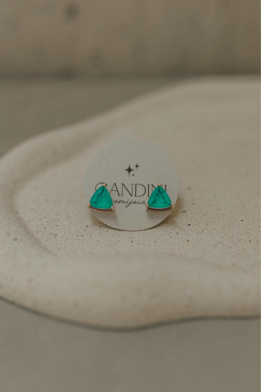 Brinco Triangular Fusion Esmeralda E Turmalina Rosa Dourado