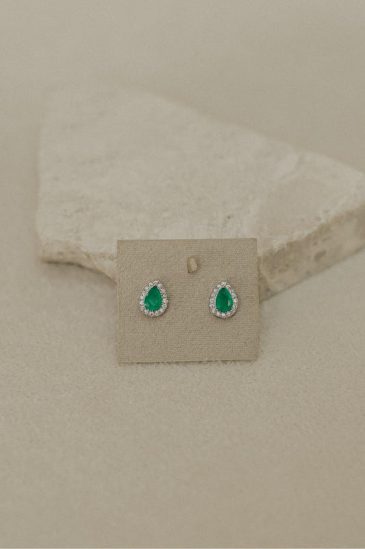 Brinco Gota Esmeralda Borda Cravejada Ródio Branco
