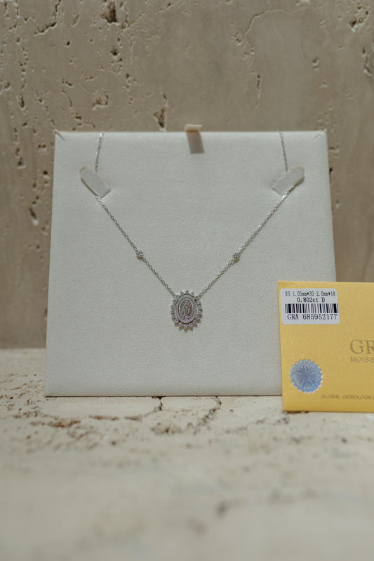 Colar Nossa Senhora das Graças Flores Moissanite Prata 925 Ródio Branco