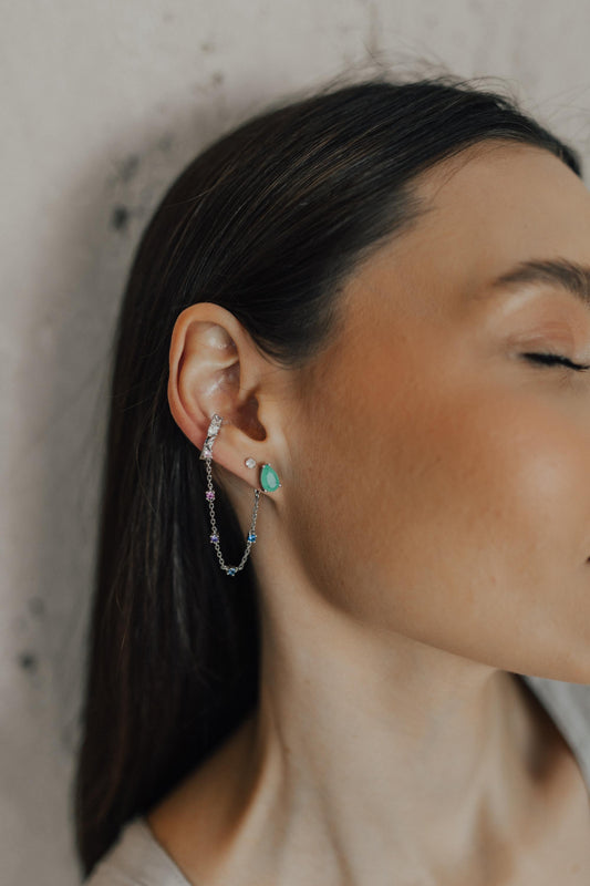 Brinco 2 em 1 Gota Turmalina Fusion Piercing Fake Ródio Branco