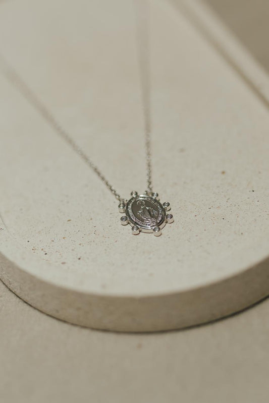 Colar Nossa Senhora das Graças Confete Moissanite Prata 925 Ródio Branco