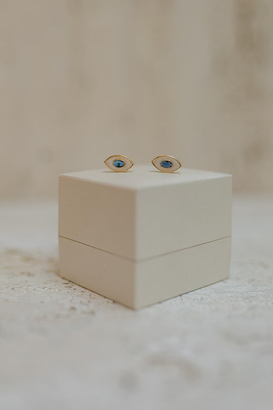 Brinco Olho Grego Esmaltado Safira Dourado