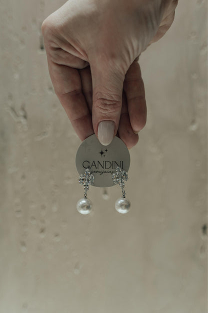 Brinco Losango 4 Navetes Pérola Ródio Branco