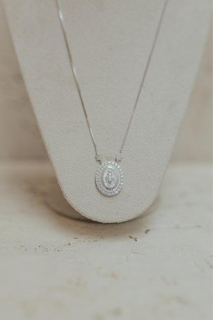 Colar Nossa Senhora das Graças Flores Prata 925 Ródio Branco