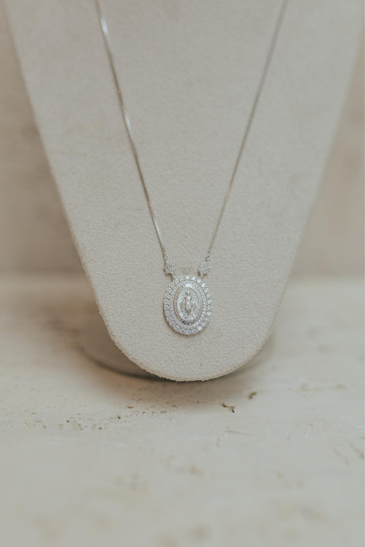 Colar Nossa Senhora das Graças Flores Prata 925 Ródio Branco