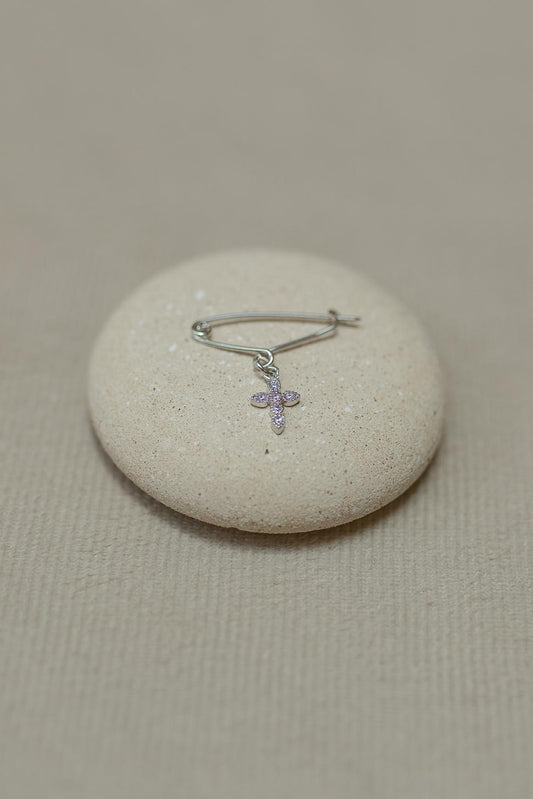 Alfinete Batizado Cruz Confete Ródio Branco