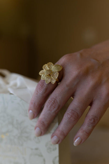 Anel Flor Duo Cravejado Dourado
