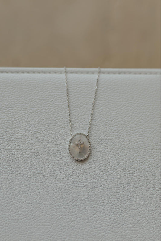 Colar Madrepérola Cruz Prata 925 Ródio Branco