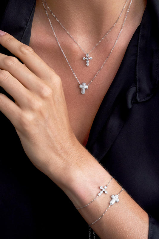 Colar Crucifixo Confete Moissanite Prata 925 Ródio Branco