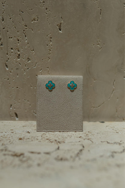 Brinco Trevo Turquesa Esmaltado Dourado