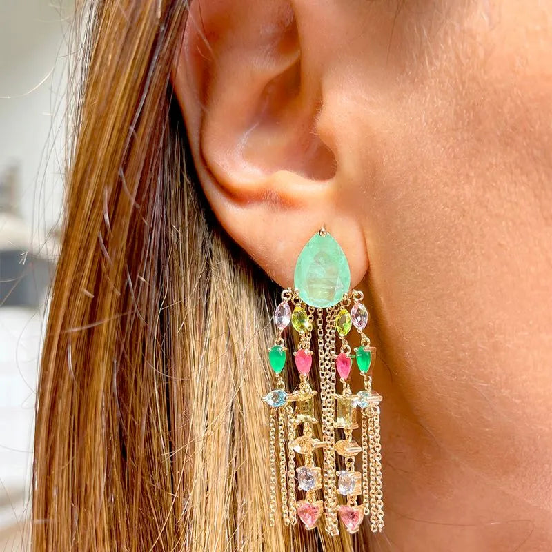 Brinco Gota Esmeralda Colombiana Chuva Dourado