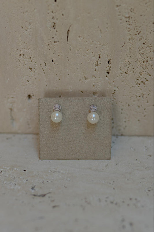 Brinco Esfera Cravejada Pérola Ródio Branco