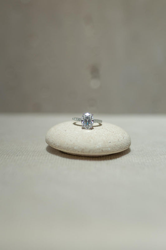 Anel Solitário Oval Prata 925 Moissanite Ródio Branco