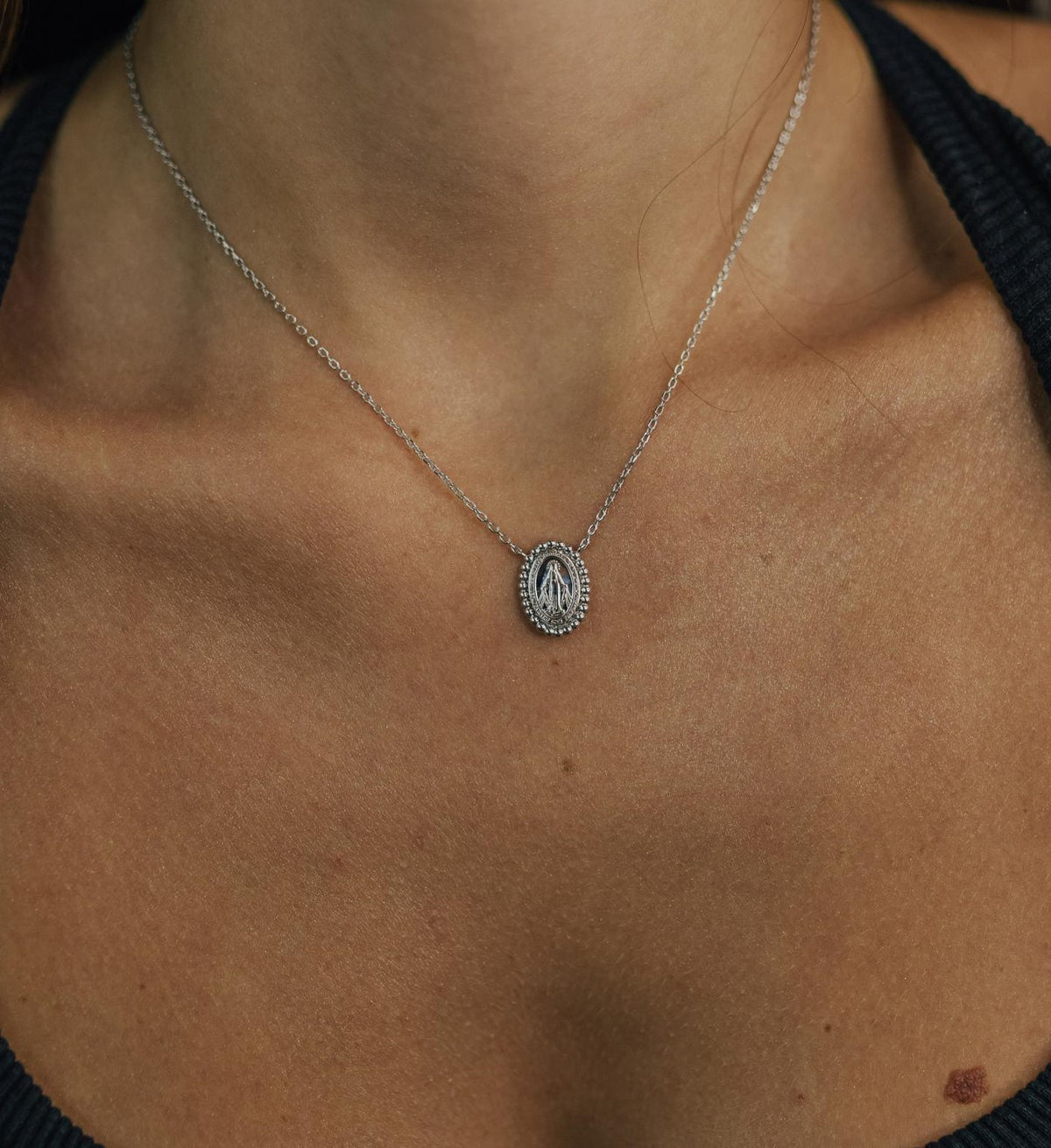 Colar Nossa Senhora das Graças Bolinhas Prata 925 Ródio Branco