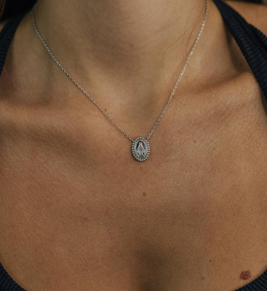 Colar Nossa Senhora das Graças Bolinhas Prata 925 Ródio Branco