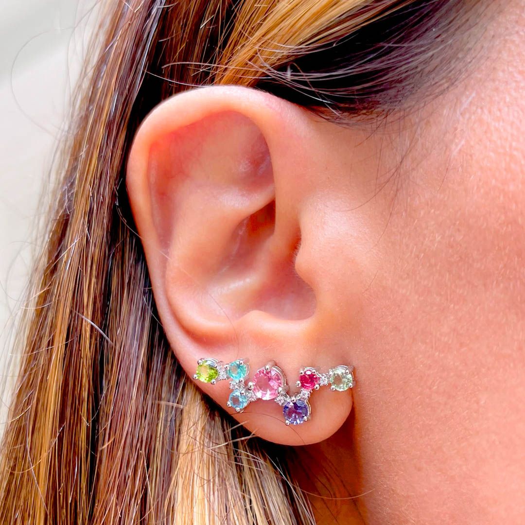 Brinco Ear Cuff Rainbow Prata 925 Ródio Branco