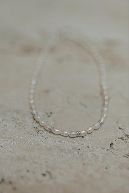 Colar Pérola com Entremeios Cravejados Prata 925 Ródio Branco