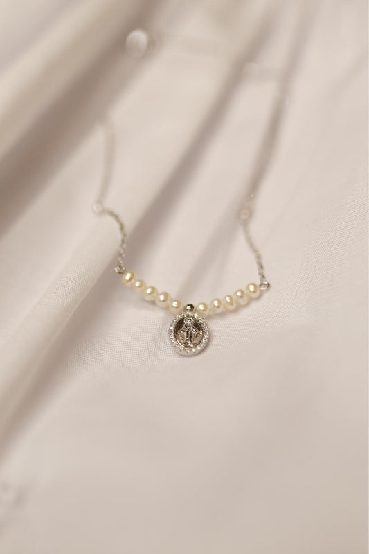Colar Infantil Nossa Senhora das Graças Moissanite Pérolas Prata 925 Ródio Branco
