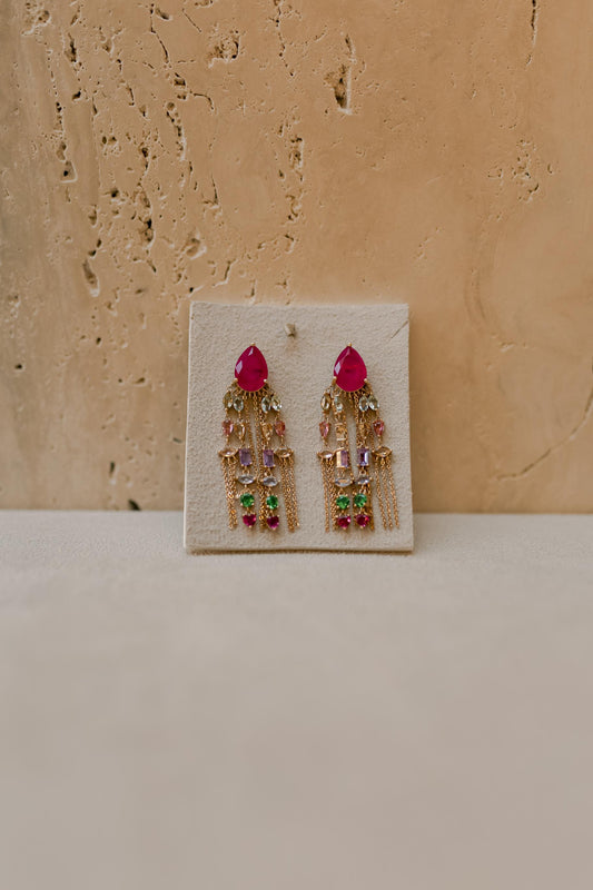 Brinco Gota Turmalina Rosa Chuva Dourado