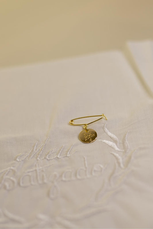 Alfinete Batizado Anjo da Guarda Oração Dourado