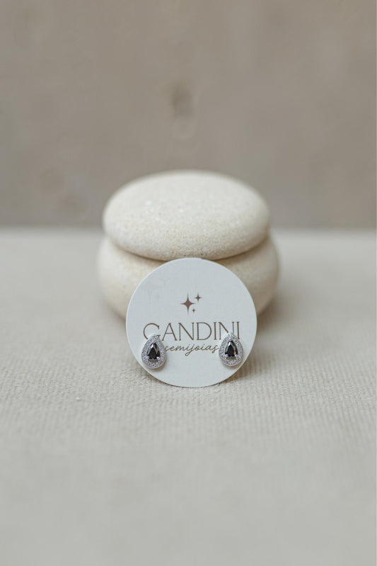 Brinco Mini Gota Ônix Borda Cravejada Ródio Branco