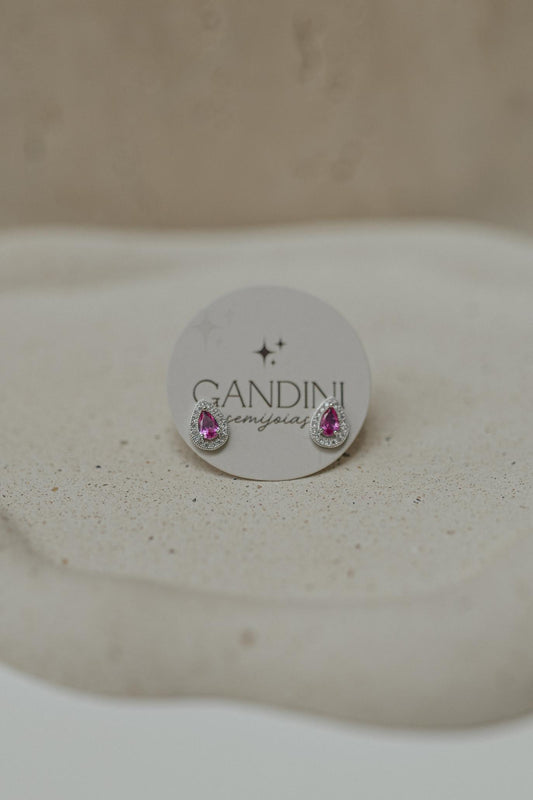 Brinco Mini Gota Rubelita Borda Cravejada Ródio Branco