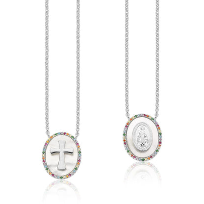 Colar Escapulário Madrepérola Rainbow Nossa Senhora das Graças Ródio Branco