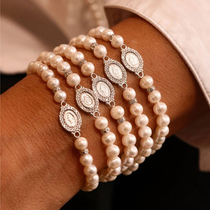 Pulseira Nossa Senhora das Graças Pérola de Água Doce Prata 925 Ródio Branco