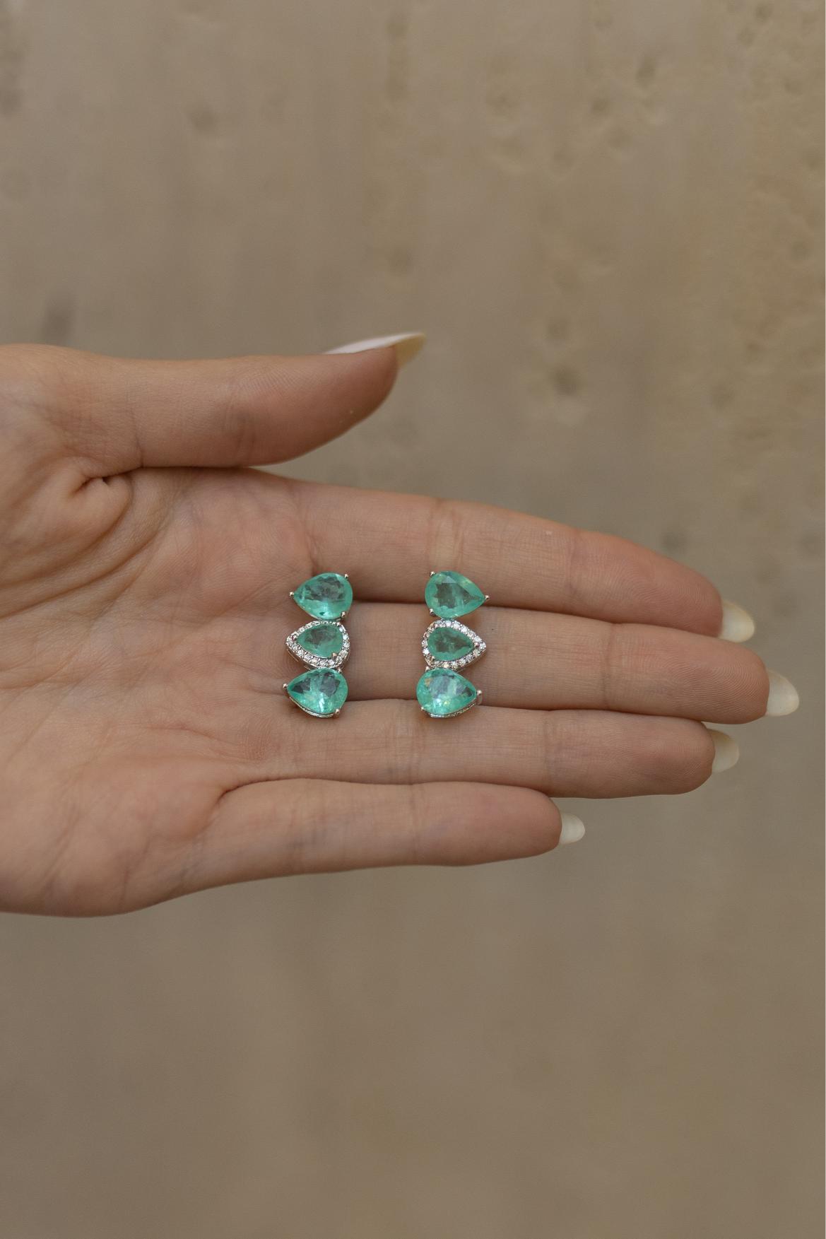 Brinco Ear Cuff 3 Gotas Esmeralda Colombiana Ródio Branco