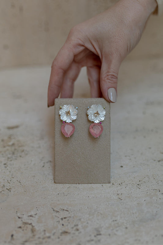 Brinco Flor Madrepérola Gota Morganita Ródio Branco