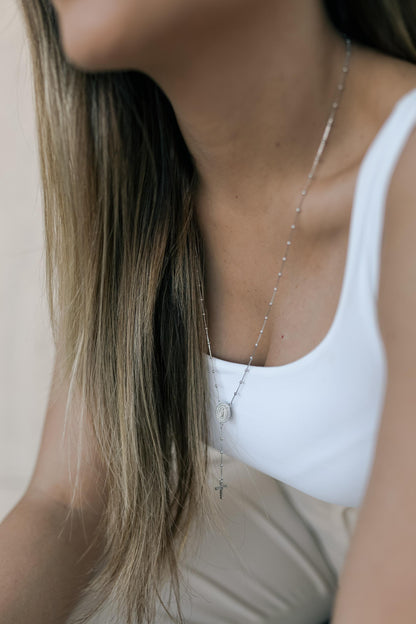 Colar Terço Nossa Senhora de Fátima Ródio Branco