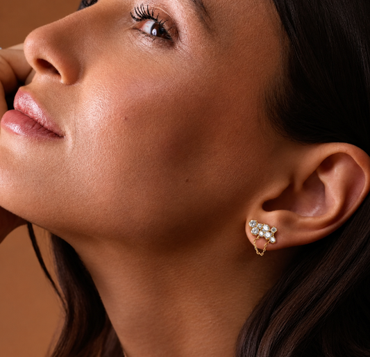 Brinco Duplo Ear Line Cristal Dourado